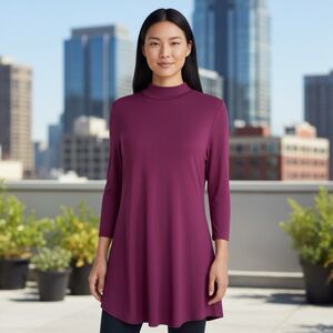 H by Halston Essentials Slinky Knit Mock Neck Tunic Top Women's Small Eggplant